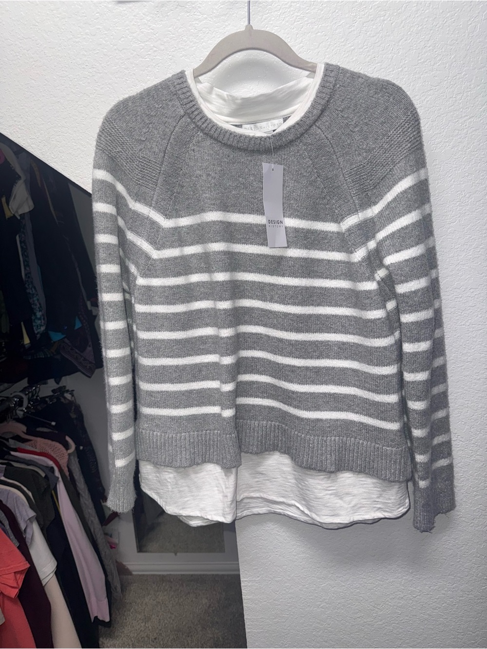 New with tag, Design History Gray and White Striped Layered Knit Crewneck